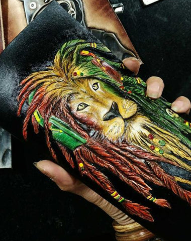 Handmade Leather Lion Tooled Mens Long Wallet Cool Leather Wallet Clutch Wallet for Men