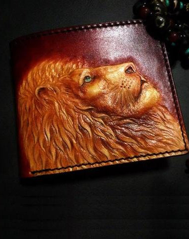 Handmade Leather Lion Tooled Mens billfold Wallet Cool Leather Wallet Slim Wallet for Men