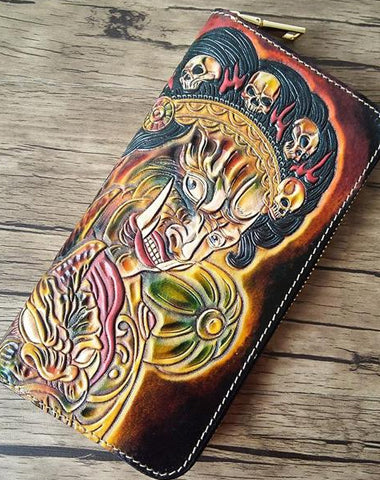 Handmade Leather Mahākāla Tooled Mens Long Wallet Cool Leather Wallet Clutch Wallet for Men