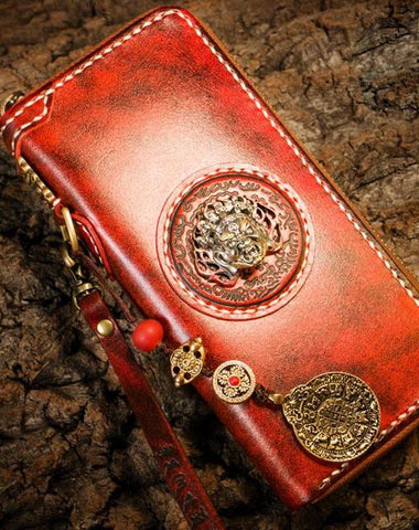 Handmade Leather Mens Chain Biker Wallet Cool Leather Wallet Long Phone Wallets for Men