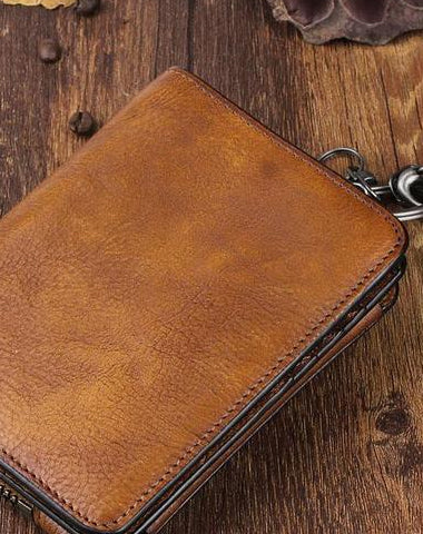 Handmade Leather Mens Chain Biker Wallet Cool Leather Wallet Trifold billfold Wallets