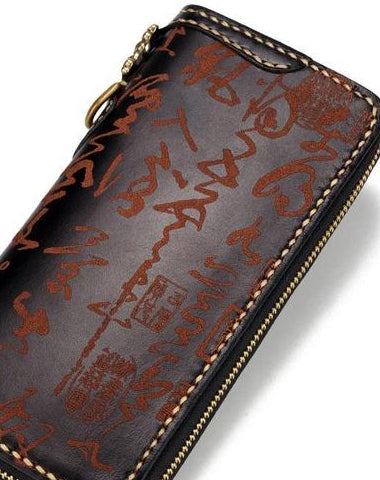 Handmade Leather Mens Chinese Handwriting Biker Chain Wallet Cool Leather Wallet Long Wallets for Men