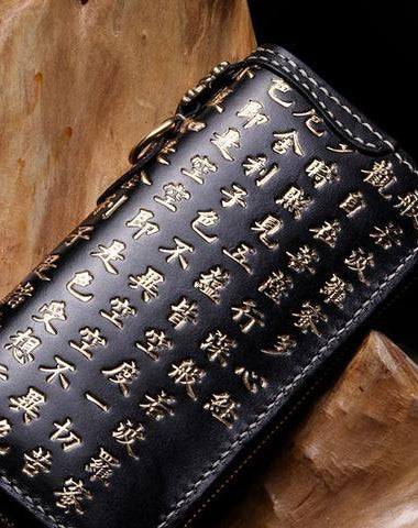 Handmade Leather Mens Chain Prajna Paramita Biker Wallet Cool Leather Wallet Long Phone Wallets for Men