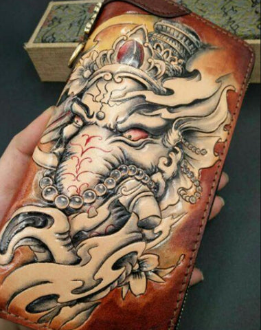 Handmade Leather Mens Clutch Wallet Cool GANESHA Tooled Chain Wallet Biker Wallets for Men