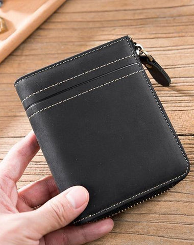Handmade Leather Mens Cool Slim Leather Zipper Wallet Men Small billfold Wallets Bifold for Men