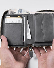 Cool Leather Mens Slim Leather Small Wallet Zipper billfold Wallets Bifold for Men