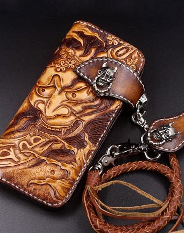 Handmade Leather Mens Cool Tooled Prajna Chain Wallet Biker Trucker Wallet with Chain