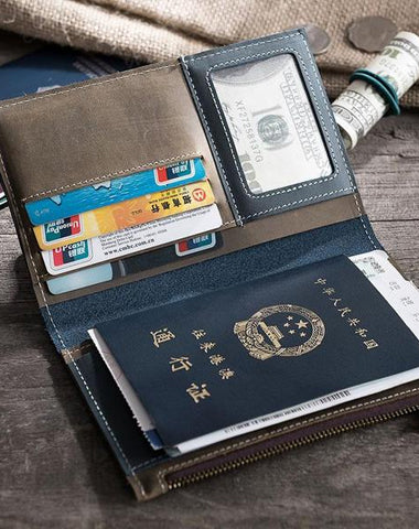 Handmade Leather Mens Travel Wallet Passport Leather Wallet billfold Long Wallets for Men