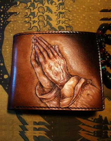 Handmade Leather Praying Tooled Mens billfold Wallet Cool Leather Wallet Slim Wallet for Men