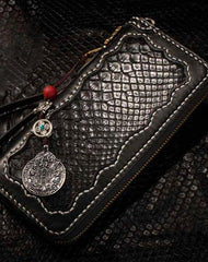 Handmade Leather Python Skin Mens Chain Biker Wallet Cool Leather Wallet Long Phone Wallets for Men