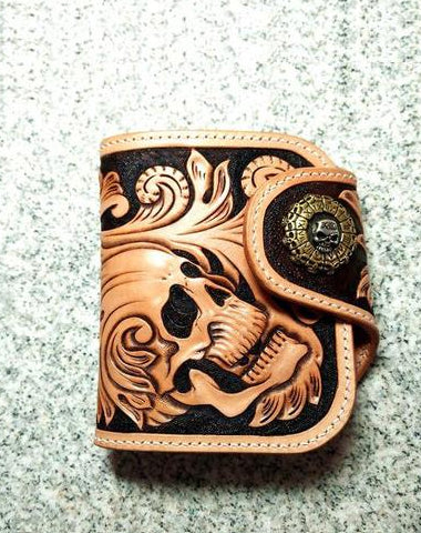 Handmade Leather billfold Tooled Skull Biker Wallet Mens Wallet With Chain Wallet Biker Wallet for Men