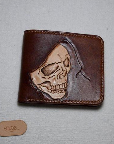 Handmade Leather Skull Death Tooled Mens billfold Wallet Cool Leather Wallet Slim Wallet for Men