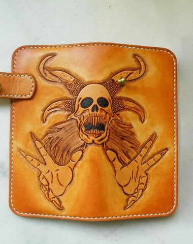 Handmade Leather Skull Devil Mens Chain Wallet Biker Wallet Cool Leather Wallet Long Tooled Wallets for Men