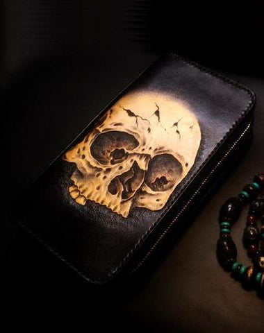 Handmade Leather Skull Double Zipper Mens Long Wallet Clutch Cool Leather Wallet Long Tooled Wallets for Men