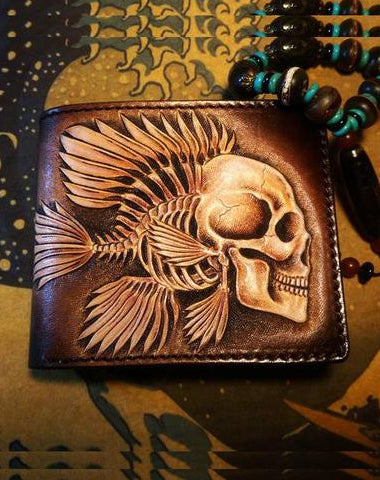 Handmade Leather Skull Fish Tooled Mens billfold Wallet Cool Leather Wallet Slim Wallet for Men