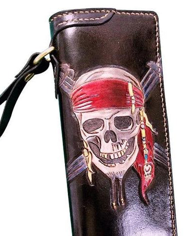 Handmade Leather Skull Pirate Mens Chain Wallet Biker Wallet Cool Leather Wallet Long Tooled Wallets for Men