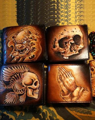 Handmade Leather Skull Tooled Mens billfold Wallet Cool Leather Wallet Slim Wallet for Men