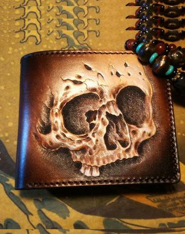 Handmade Leather Skull Tooled Mens billfold Wallet Cool Leather Wallet Slim Wallet for Men