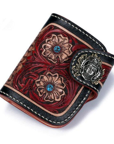 Handmade Leather Small Tooled Floral Mens billfold Wallet Cool Chain Wallet Biker Wallet for Men