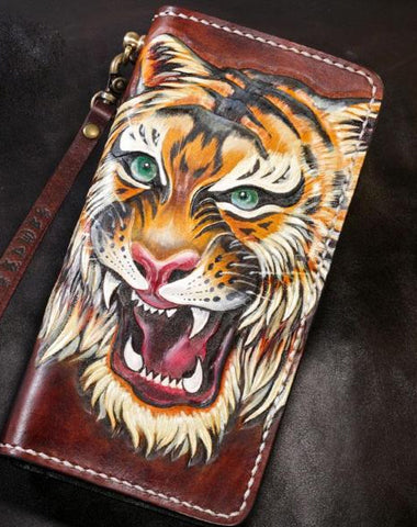 Handmade Leather Tiger Tooled Mens Chain Biker Wallet Cool Leather Wallet Long Phone Wallets for Men