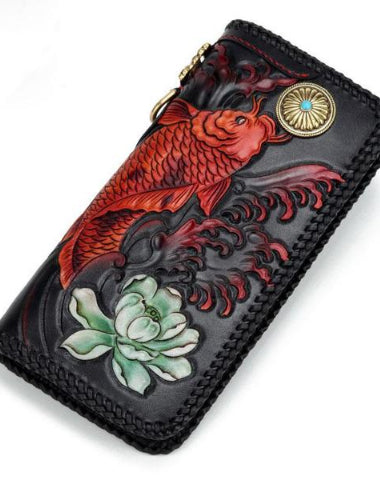 Handmade Leather Tooled Carp Prajna Mens Chain Biker Wallet Cool Leather Wallet Zipper Long Phone Wallets for Men