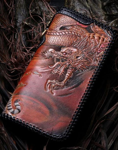 Handmade Leather Tooled Chinese Dragon Tiger Mens Chain Biker Wallet Cool Leather Wallet Long Clutch Wallets for Men