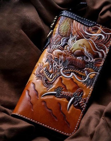 Handmade Leather Tooled Chinese Dragon Tiger Mens Chain Biker Wallet Cool Leather Wallet Zipper Long Phone Wallets for Men