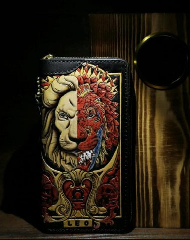 Handmade Leather Tooled Constellation Leo Biker Wallet Mens Cool Chain Wallet Trucker Wallet with Chain