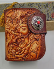 Handmade Leather Tooled Ganesha Mens Chain Biker Wallet Cool Leather Wallet Small Wallets for Men