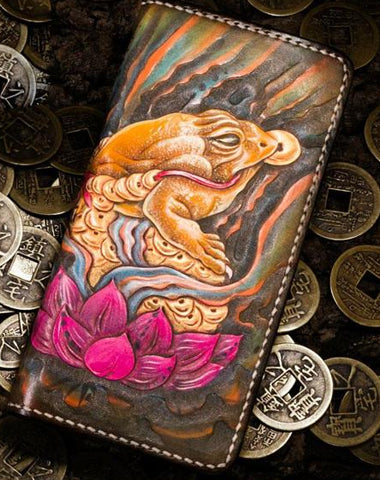 Handmade Leather Tooled Golden Toad Mens Chain Biker Wallet Cool Leather Wallet Long Phone Wallets for Men