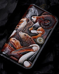 Handmade Leather Tooled The Animals Mens Chain Zipper Biker Wallet Cool Leather Wallet Long Phone Wallets for Men