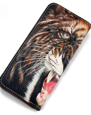 Handmade Leather Tooled Tiger Mens Chain Zipper Biker Wallet Cool Leather Wallet Long Phone Wallets for Men