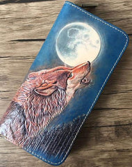 Handmade Leather Wolf Tooled Mens Long Wallet Cool Leather Wallet Clutch Wallet for Men