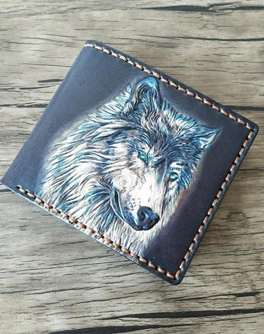 Handmade Leather Wolf Tooled Mens billfold Wallet Cool Leather Wallet Slim Wallet for Men