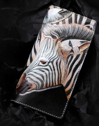 Handmade Leather Zebra Tooled Mens Chain Biker Wallet Cool Leather Wallet With Chain Wallets for Men