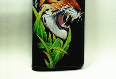 Handmade Long leather wallet men tiger black tooled carved long wallet for him