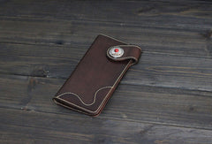 Handmade Men long leather wallet men vintage tan brown coffee wine wallet for him