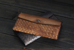 Handmade Mens long leather wallet multi card slots vintage brown gray wallet for men