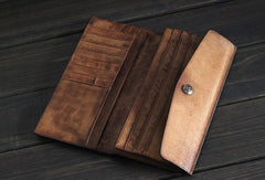 Handmade Mens long leather wallet multi card slots vintage brown gray wallet for men