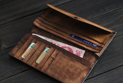 Handmade Mens long leather wallet multi card slots vintage brown gray wallet for men