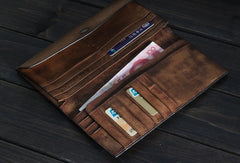 Handmade Mens long leather wallet multi card slots vintage brown gray wallet for men