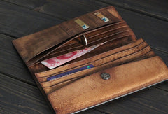 Handmade Mens long leather wallet multi card slots vintage brown gray wallet for men