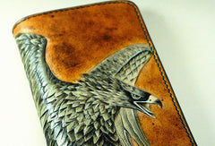 Handmade Long leather wallet men eagle tooled carved long wallet for him - EverHandmade