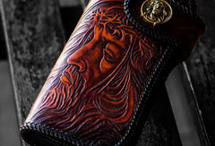 Handmade biker chain wallet black brown leather Jesus carved biker wallet Long wallet