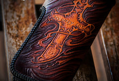 Handmade biker chain wallet black brown leather Jesus carved biker wallet Long wallet