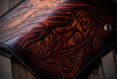 Handmade biker chain wallet black brown leather Jesus carved biker wallet Long wallet