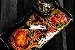 Handmade leather biker trucker wallet black skull floral leather chain men Carved Tooled wallet - EverHandmade