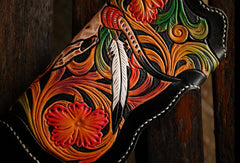 Handmade leather biker trucker wallet black skull floral leather chain men Carved Tooled wallet - EverHandmade