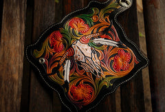 Handmade leather biker trucker wallet black skull floral leather chain men Carved Tooled wallet - EverHandmade