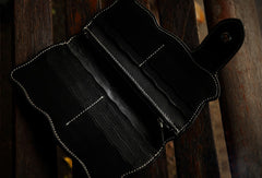Handmade leather biker trucker wallet black skull floral leather chain men Carved Tooled wallet - EverHandmade
